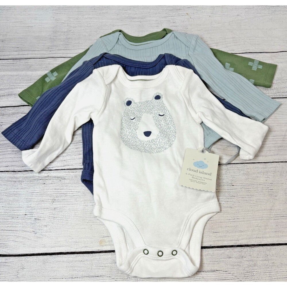 Cloud Island Bodysuits 4 Pack Sz 0-3 Months Long Sleeve Newborn Blue Bear NEW